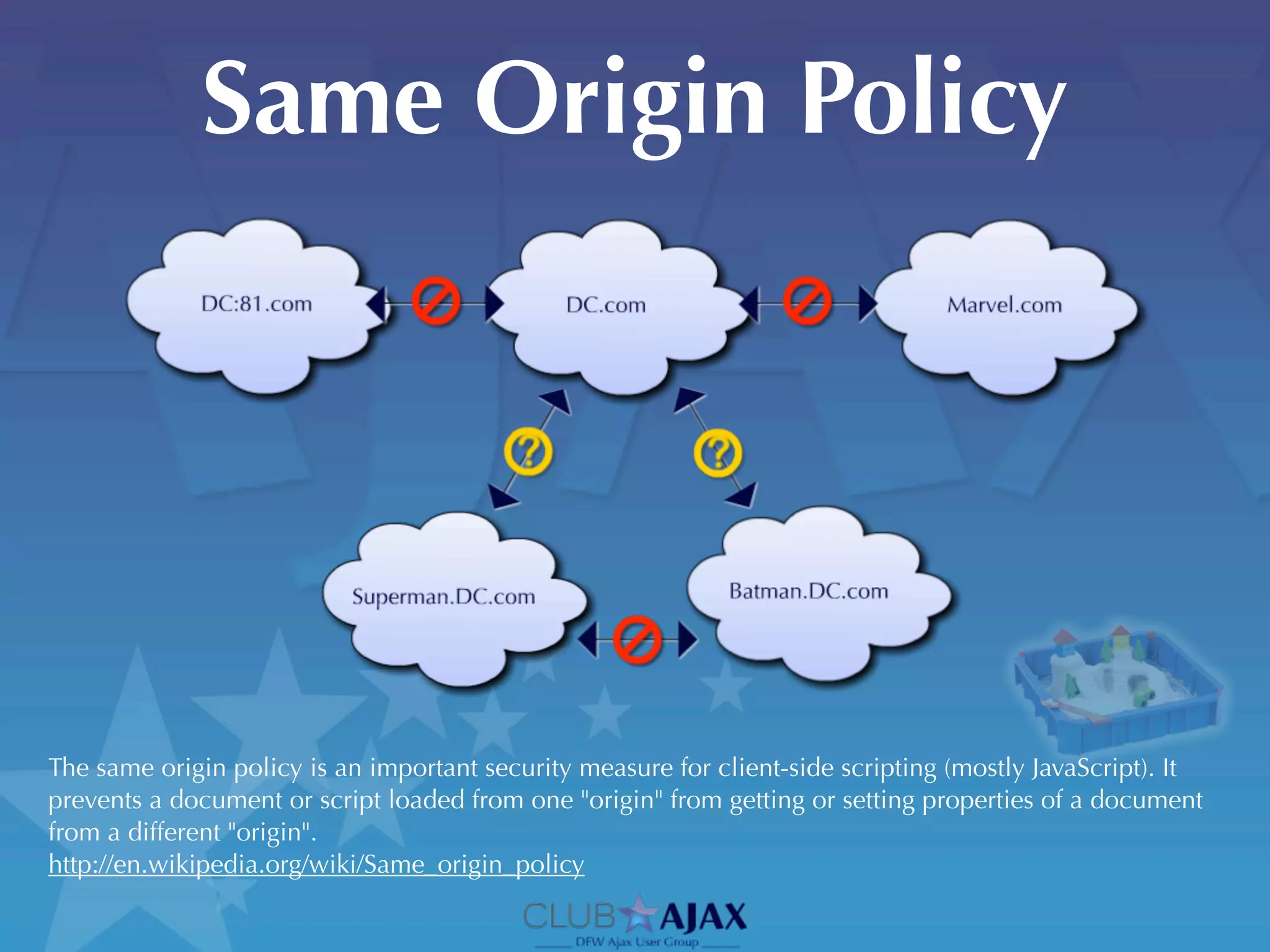 Same Origin Policy




The same origin policy is an important security measure for client-side scripting (mostly JavaScript). It
prevents a document or script loaded from one "origin" from getting or setting properties of a document
from a different "origin".
http://en.wikipedia.org/wiki/Same_origin_policy
 