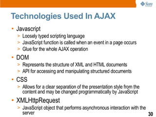 Technologies Used In AJAX
• Javascript
  > Loosely typed scripting language
  > JavaScript function is called when an event in a page occurs
  > Glue for the whole AJAX operation
• DOM
  > Represents the structure of XML and HTML documents
  > API for accessing and manipulating structured documents
• CSS
  > Allows for a clear separation of the presentation style from the
    content and may be changed programmatically by JavaScript
• XMLHttpRequest
  > JavaScript object that performs asynchronous interaction with the
    server                                                              30
 