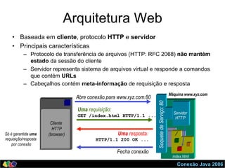Conexão Java 2006
Arquitetura Web
•  Baseada em cliente, protocolo HTTP e servidor
•  Principais características
–  Protocolo de transferência de arquivos (HTTP: RFC 2068) não mantém
estado da sessão do cliente
–  Servidor representa sistema de arquivos virtual e responde a comandos
que contém URLs
–  Cabeçalhos contém meta-informação de requisição e resposta
Máquina www.xyz.com
Abre conexão para www.xyz.com:80
Fecha conexão
Uma requisição:
GET /index.html HTTP/1.1 ...
Uma resposta:
HTTP/1.1 200 OK ...
SoquetedeServiço:80
index.html
/
Cliente
HTTP
(browser)
Servidor
HTT’P
Só é garantida uma
requisição/resposta
por conexão
 