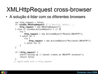 Conexão Java 2006
XMLHttpRequest cross-browser
•  A solução é lidar com os diferentes browsers
var http_request = false;!
if (window.XMLHttpRequest) { // Mozilla, Safari, ...!
http_request = new XMLHttpRequest();!
} else if (window.ActiveXObject) { // IE!
try {!
http_request = new ActiveXObject("Msxml2.XMLHTTP");!
} catch (e) {!
try {!
http_request = new ActiveXObject("Microsoft.XMLHTTP");!
} catch (e) {}!
}!
}!
!
if (!http_request) {!
alert('Giving up :( Cannot create an XMLHTTP instance');!
return false;!
}!
// agora pode usar o http_request!
 