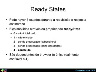 Conexão Java 2006
Ready States
•  Pode haver 5 estados durante a requisição e resposta
assíncrona
•  Eles são lidos através da propriedade readyState
–  0 – não inicializado
–  1 – não enviado
–  2 – sendo processado (cabeçalhos)
–  3 – sendo processado (parte dos dados)
–  4 – concluído
•  São dependentes de browser (o único realmente
confiável é 4)
 