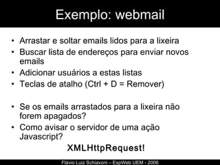 Exemplo: webmail Arrastar e soltar emails lidos para a lixeira Buscar lista de endereços para enviar novos emails Adicionar usuários a estas listas Teclas de atalho (Ctrl + D = Remover) Se os emails arrastados para a lixeira não forem apagados? Como avisar o servidor de uma ação Javascript? XMLHttpRequest! Flávio Luiz Schiavoni – EspWeb UEM - 2006 