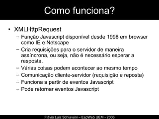 Como funciona? XMLHttpRequest Função Javascript disponível desde 1998 em browser como IE e Netscape Cria requisições para o servidor de maneira assíncrona, ou seja, não é necessário esperar a resposta. Várias coisas podem acontecer ao mesmo tempo Comunicação cliente-servidor (requisição e reposta) Funciona a partir de eventos Javascript Pode retornar eventos Javascript Flávio Luiz Schiavoni – EspWeb UEM - 2006 