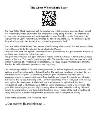 The Great White Shark Essay
The Great White Shark Beginning with the simplest one celled organism, an extraordinary animal
rose in the murky waters entitled to a non comparable killing eating machine. This organism has
become nature s most genuine and most successful creature that it has remained unchanged for
over 250 million years. Nature finally invented the perfect king of the sea. This animal has given
the sea it s living adjective; in turn, it was entitled the great white shark.
The Great White Shark derived from a series of evolutionary advancements that took several billion
years. It began with the derivation of the vertebrates the Phylum
Chordata. Here, the Class Agnotha came to existence. Some features of Agnotha are the presence of
a ... Show more content on Helpwriting.net ...
The great white shark has two types of muscles red and white. Red muscle is aerobic; thus, it needs
oxygen to function. This muscle contains myoglobin. The main function of the red muscles is used
just for swimming. The white muscle is anaerobic doesn t need oxygen. White muscles primarily
function for sudden bursts of speed when attacking a prey.
One cannot forget to realize the teeth of the great white, as well as its powerful jaw structure. The
teeth are actually modified, enlarged placoid scales. The teeth aren t anchored in the jaw; they are
just embedded on the gums. Unfortunately, when the great white shark eats on its prey, it
sometimes loses or breaks the tooth by the flesh. Luckily, sharks have developed a special feature
that enables it to replace its missing tooth. They have developed rows of teeth, each tooth moving
up to replace the missing one. A whole broken row of teeth can be replenished, just like a
conveyor belt. Each tooth, though, has a different shape, changing according to its necessity. The
great white has triangular, serrated edged teeth anywhere from one to two inches long. With this
feature, the shark is able to tear through the flesh for its meal. The jaw of the shark is made up of
strong bone tissue. It must be very powerful because the shark is designed for feeding.
In link to the teeth is the shark s olfactory sense,
... Get more on HelpWriting.net ...
 