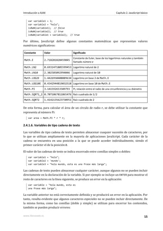 var variable1 = 3;
var variable2 = "hola";
isNaN(variable1); // false
isNaN(variable2); // true
isNaN(variable1 + variable2); // true
Por último, JavaScript define algunas constantes matemáticas que representan valores
numéricos significativos:
Constante Valor Significado
Math.E 2.718281828459045
Constante de Euler, base de los logaritmos naturales y también
llamado número e
Math.LN2 0.6931471805599453 Logaritmo natural de 2
Math.LN10 2.302585092994046 Logaritmo natural de 10
Math.LOG2E 1.4426950408889634 Logaritmo en base 2 de Math.E
Math.LOG10E 0.4342944819032518 Logaritmo en base 10 de Math.E
Math.PI 3.141592653589793 Pi, relación entre el radio de una circunferencia y su diámetro
Math.SQRT1_2 0.7071067811865476 Raíz cuadrada de 1/2
Math.SQRT2 1.4142135623730951 Raíz cuadrada de 2
De esta forma, para calcular el área de un círculo de radio r, se debe utilizar la constante que
representa al número Pi:
var area = Math.PI * r * r;
2.4.1.6. Variables de tipo cadena de texto
Las variables de tipo cadena de texto permiten almacenar cuaquier sucesión de caracteres, por
lo que se utilizan ampliamente en la mayoría de aplicaciones JavaScript. Cada carácter de la
cadena se encuentra en una posición a la que se puede acceder individualmente, siendo el
primer carácter el de la posición 0.
El valor de las cadenas de texto se indica encerrado entre comillas simples o dobles:
var variable1 = "hola";
var variable2 = 'mundo';
var variable3 = "hola mundo, esta es una frase más larga";
Las cadenas de texto pueden almacenar cualquier carácter, aunque algunos no se pueden incluir
directamente en la declaración de la variable. Si por ejemplo se incluye un ENTER para mostrar el
resto de caracteres en la línea siguiente, se produce un error en la aplicación:
var variable = "hola mundo, esta es
una frase más larga";
La variable anterior no está correctamente definida y se producirá un error en la aplicación. Por
tanto, resulta evidente que algunos caracteres especiales no se pueden incluir directamente. De
la misma forma, como las comillas (doble y simple) se utilizan para encerrar los contenidos,
también se pueden producir errores:
Introducción a AJAX Capítulo 2. JavaScript básico
www.librosweb.es 15
 