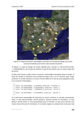 Figura 9.11. Mapa de previsión metereológica construido con los mapas de Google y que utiliza
iconos personalizados para mostrar cada marcador de posición
1) Mostrar un mapa de Google de tamaño 600x600 píxel, centrado en [40.41558722527384,
-3.6968994140625], que muestre por defecto el mapa de tipo satélite y que no incluya ningún tipo
de control.
2) Cada cierto tiempo se debe mostrar la previsión meteorológica descargada desde el servidor. El
script del servidor se denomina previsionMeteorologica.php y no es necesario pasar ningún
parámetro. El servidor devuelve un array en formato JSON con la lista de puntos geográficos junto
con su previsión meteorológica:
[
{ latlon: [42.779275360242, -2.63671875], prediccion: "tormentas" },
{ latlon: [43.245202722034, -8.32763671875], prediccion: "nieve" },
{ latlon: [42.228517356209, -7.36083984375], prediccion: "lluvia" },
...
{ latlon: [41.54147766679, -3.75732421875], prediccion: "nublado" },
]
3) La información meteorológica de cada punto se muestra mediante un marcador personalizado.
Pistas: la clase GMarkerManager permite gestionar conjuntos grandes de marcadores. La clase
GMarker permite definir un icono personalizado para el marcador. La clase GIcon permite crear
nuevos iconos listos para los marcadores. En la carpeta imagenes se proporcionan iconos para cada
Introducción a AJAX Capítulo 9. Técnicas avanzadas con AJAX
www.librosweb.es 162
 