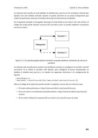 La solución más sencilla es la de habilitar el módulo mod_rewrite en los servidores web de tipo
Apache. Con este módulo activado, Apache se puede convertir en un proxy transparente que
realice las peticiones externas en nombre del script y le devuelva los resultados.
En el siguiente ejemplo, el navegador descarga el script desde el servidor1. Por este motivo, el
código del script puede solicitar recursos del servidor1, pero no puede establecer conexiones
con el servidor2:
Figura 11.1. El script descargado desde el servidor1 no puede establecer conexiones de red con el
servidor2
La solución más sencilla para resolver este problema consiste en configurar el servidor web del
servidor1. Si se utiliza el servidor web Apache, para configurar el proxy transparente, se
habilita el módulo mod_rewrite y se añaden las siguientes directivas a la configuración de
Apache:
RewriteEngine on
RewriteRule ^/ruta/al/recurso$ http://www.servidor2.com/ruta/al/recurso [P]
Ahora, el código de la aplicación puede acceder a cualquier recurso del servidor2 ya que:
▪ El script realiza peticiones a: http://www.servidor1.com/ruta/al/recurso
▪ En el servidor1 se transforma automáticamente a: http://www.servidor2.com/ruta/al/
recurso
▪ El servidor1 obtiene la respuesta del servidor2 y la envía de nuevo al script
Introducción a AJAX Capítulo 11. Otras utilidades
www.librosweb.es 201
 