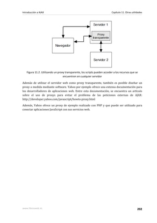 Figura 11.2. Utilizando un proxy transparente, los scripts pueden acceder a los recursos que se
encuentren en cualquier servidor
Además de utilizar el servidor web como proxy transparente, también es posible diseñar un
proxy a medida mediante software. Yahoo por ejemplo ofrece una extensa documentación para
los desarrolladores de aplicaciones web. Entre esta documentación, se encuentra un artículo
sobre el uso de proxys para evitar el problema de las peticiones externas de AJAX:
http://developer.yahoo.com/javascript/howto-proxy.html
Además, Yahoo ofrece un proxy de ejemplo realizado con PHP y que puede ser utilizado para
conectar aplicaciones JavaScript con sus servicios web.
Introducción a AJAX Capítulo 11. Otras utilidades
www.librosweb.es 202
 