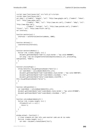 <script type="text/javascript" src="util.js"></script>
<script type="text/javascript">
var nodos = [{"nombre": "Google", "url": "http://www.google.com"}, {"nombre": "Yahoo",
"url": "http://www.yahoo.com"},
{"nombre": "MSN", "url": "http://www.msn.com"}, {"nombre": "eBay", "url":
"http://www.ebay.com"},
{"nombre": "YouTube", "url": "http://www.youtube.com"}, {"nombre":
"Flickr", "url": "http://www.flickr.com"}];
var intervalo;
function monitoriza() {
intervalo = setInterval(monitorizaNodos, 1000);
}
function detiene() {
clearInterval(intervalo);
}
function monitorizaNodos() {
for(var i=0; i<nodos.length; i++) {
document.getElementById("nodo"+i).style.border = "3px solid #000000";
var ping = new net.CargadorContenidosCompleto(nodos[i].url, procesaPing,
noDisponible, "HEAD");
}
}
function procesaPing() {
if(new Date(this.req.getResponseHeader("Date"))) {
var numeroNodo = calculaNumeroNodo(this.url);
document.getElementById("nodo"+numeroNodo).style.border = "3px solid #00FF00";
document.getElementById("nodo"+numeroNodo).className = "on";
document.getElementById("datos"+numeroNodo).innerHTML =
this.req.getResponseHeader("Server");
}
}
function noDisponible() {
var numeroNodo = calculaNumeroNodo(this.url);
document.getElementById("nodo"+numeroNodo).style.border = "3px solid #FF0000";
document.getElementById("nodo"+numeroNodo).className = "off";
}
function calculaNumeroNodo(url) {
for(var i=0; i<nodos.length; i++) {
if(nodos[i].url == url) {
return i;
}
}
}
window.onload = function() {
// Crear elemento de tipo <div> para mostrar cada uno de los nodos
for(i=0; i<nodos.length; i++) {
var nodo = document.createElement("div");
Introducción a AJAX Capítulo 14. Ejercicios resueltos
www.librosweb.es 243
 