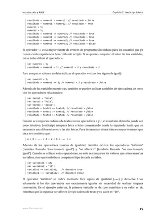 resultado = numero1 > numero2; // resultado = false
resultado = numero1 < numero2; // resultado = true
numero1 = 5;
numero2 = 5;
resultado = numero1 >= numero2; // resultado = true
resultado = numero1 <= numero2; // resultado = true
resultado = numero1 == numero2; // resultado = true
resultado = numero1 != numero2; // resultado = false
El operador == es la mayor fuente de errores de programación incluso para los usuarios que ya
tienen cierta experiencia desarrollando scripts. Si se quiere comparar el valor de dos variables,
no se debe utilizar el operador =:
var numero1 = 5;
resultado = numero1 = 3; // numero1 = 3 y resultado = 3
Para comparar valores, se debe utilizar el operador == (con dos signos de igual):
var numero1 = 5;
resultado = numero1 == 3; // numero1 = 5 y resultado = false
Además de las variables numéricas, también se pueden utilizar variables de tipo cadena de texto
con los operadores relacionales:
var texto1 = "hola";
var texto2 = "hola";
var texto3 = "adios";
resultado = texto1 == texto3; // resultado = false
resultado = texto1 != texto2; // resultado = false
resultado = texto3 >= texto2; // resultado = false
Cuando se comparan cadenas de texto con los operadores > y <, el resultado obtenido puede ser
poco intuitivo. JavaScript compara letra a letra comenzando desde la izquierda hasta que se
encuentre una diferencia entre las dos letras. Para determinar si una letra es mayor o menor que
otra, se considera que:
A < B < ... < Z < a < b < ... < z
Además de los operadores básicos de igualdad, también existen los operadores "idéntico"
(también llamado "exactamente igual") y "no idéntico" (también llamado "no exactamente
igual"). Cuando se utilizan estos operadores, no sólo se comparan los valores que almacenan las
variables, sino que también se compara el tipo de cada variable.
var variable1 = 10;
var variable2 = "10";
variable1 == variable2; // devuelve true
variable1 === variable2; // devuelve false
El operador "idéntico" se indica mediante tres signos de igualdad (===) y devuelve true
solamente si los dos operandos son exactamente iguales sin necesidad de realizar ninguna
conversión. En el ejemplo anterior, la primera variable es de tipo numérico y su valor es 10,
mientras que la segunda variable es de tipo cadena de texto y su valor es "10".
Introducción a AJAX Capítulo 2. JavaScript básico
www.librosweb.es 25
 