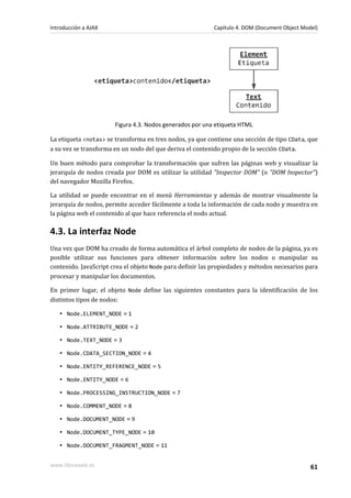 Figura 4.3. Nodos generados por una etiqueta HTML
La etiqueta <notas> se transforma en tres nodos, ya que contiene una sección de tipo CData, que
a su vez se transforma en un nodo del que deriva el contenido propio de la sección CData.
Un buen método para comprobar la transformación que sufren las páginas web y visualizar la
jerarquía de nodos creada por DOM es utilizar la utilidad "Inspector DOM" (o "DOM Inspector")
del navegador Mozilla Firefox.
La utilidad se puede encontrar en el menú Herramientas y además de mostrar visualmente la
jerarquía de nodos, permite acceder fácilmente a toda la información de cada nodo y muestra en
la página web el contenido al que hace referencia el nodo actual.
4.3. La interfaz Node
Una vez que DOM ha creado de forma automática el árbol completo de nodos de la página, ya es
posible utilizar sus funciones para obtener información sobre los nodos o manipular su
contenido. JavaScript crea el objeto Node para definir las propiedades y métodos necesarios para
procesar y manipular los documentos.
En primer lugar, el objeto Node define las siguientes constantes para la identificación de los
distintos tipos de nodos:
▪ Node.ELEMENT_NODE = 1
▪ Node.ATTRIBUTE_NODE = 2
▪ Node.TEXT_NODE = 3
▪ Node.CDATA_SECTION_NODE = 4
▪ Node.ENTITY_REFERENCE_NODE = 5
▪ Node.ENTITY_NODE = 6
▪ Node.PROCESSING_INSTRUCTION_NODE = 7
▪ Node.COMMENT_NODE = 8
▪ Node.DOCUMENT_NODE = 9
▪ Node.DOCUMENT_TYPE_NODE = 10
▪ Node.DOCUMENT_FRAGMENT_NODE = 11
Introducción a AJAX Capítulo 4. DOM (Document Object Model)
www.librosweb.es 61
 