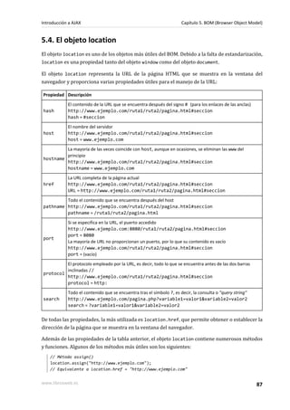 5.4. El objeto location
El objeto location es uno de los objetos más útiles del BOM. Debido a la falta de estandarización,
location es una propiedad tanto del objeto window como del objeto document.
El objeto location representa la URL de la página HTML que se muestra en la ventana del
navegador y proporciona varias propiedades útiles para el manejo de la URL:
Propiedad Descripción
hash
El contenido de la URL que se encuentra después del signo # (para los enlaces de las anclas)
http://www.ejemplo.com/ruta1/ruta2/pagina.html#seccion
hash = #seccion
host
El nombre del servidor
http://www.ejemplo.com/ruta1/ruta2/pagina.html#seccion
host = www.ejemplo.com
hostname
La mayoría de las veces coincide con host, aunque en ocasiones, se eliminan las www del
principio
http://www.ejemplo.com/ruta1/ruta2/pagina.html#seccion
hostname = www.ejemplo.com
href
La URL completa de la página actual
http://www.ejemplo.com/ruta1/ruta2/pagina.html#seccion
URL = http://www.ejemplo.com/ruta1/ruta2/pagina.html#seccion
pathname
Todo el contenido que se encuentra después del host
http://www.ejemplo.com/ruta1/ruta2/pagina.html#seccion
pathname = /ruta1/ruta2/pagina.html
port
Si se especifica en la URL, el puerto accedido
http://www.ejemplo.com:8080/ruta1/ruta2/pagina.html#seccion
port = 8080
La mayoría de URL no proporcionan un puerto, por lo que su contenido es vacío
http://www.ejemplo.com/ruta1/ruta2/pagina.html#seccion
port = (vacío)
protocol
El protocolo empleado por la URL, es decir, todo lo que se encuentra antes de las dos barras
inclinadas //
http://www.ejemplo.com/ruta1/ruta2/pagina.html#seccion
protocol = http:
search
Todo el contenido que se encuentra tras el símbolo ?, es decir, la consulta o "query string"
http://www.ejemplo.com/pagina.php?variable1=valor1&variable2=valor2
search = ?variable1=valor1&variable2=valor2
De todas las propiedades, la más utilizada es location.href, que permite obtener o establecer la
dirección de la página que se muestra en la ventana del navegador.
Además de las propiedades de la tabla anterior, el objeto location contiene numerosos métodos
y funciones. Algunos de los métodos más útiles son los siguientes:
// Método assign()
location.assign("http://www.ejemplo.com");
// Equivalente a location.href = "http://www.ejemplo.com"
Introducción a AJAX Capítulo 5. BOM (Browser Object Model)
www.librosweb.es 87
 