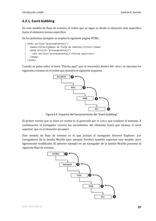 6.2.1. Event bubbling
En este modelo de flujo de eventos, el orden que se sigue es desde el elemento más específico
hasta el elemento menos específico.
En los próximos ejemplos se emplea la siguiente página HTML:
<html onclick="procesaEvento()">
<head><title>Ejemplo de flujo de eventos</title></head>
<body onclick="procesaEvento()">
<div onclick="procesaEvento()">Pincha aqui</div>
</body>
</html>
Cuando se pulsa sobre el texto "Pincha aquí" que se encuentra dentro del <div>, se ejecutan los
siguientes eventos en el orden que muestra el siguiente esquema:
Figura 6.4. Esquema del funcionamiento del "event bubbling"
El primer evento que se tiene en cuenta es el generado por el <div> que contiene el mensaje. A
continuación el navegador recorre los ascendentes del elemento hasta que alcanza el nivel
superior, que es el elemento document.
Este modelo de flujo de eventos es el que incluye el navegador Internet Explorer. Los
navegadores de la familia Mozilla (por ejemplo Firefox) también soportan este modelo, pero
ligeramente modificado. El anterior ejemplo en un navegador de la familia Mozilla presenta el
siguiente flujo de eventos:
Introducción a AJAX Capítulo 6. Eventos
www.librosweb.es 97
 