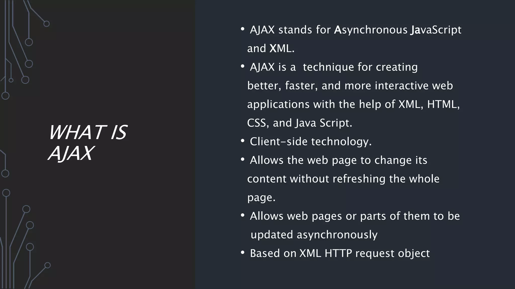 WHAT IS
AJAX
• AJAX stands for Asynchronous JavaScript
and XML.
• AJAX is a technique for creating
better, faster, and more interactive web
applications with the help of XML, HTML,
CSS, and Java Script.
• Client-side technology.
• Allows the web page to change its
content without refreshing the whole
page.
• Allows web pages or parts of them to be
updated asynchronously
• Based on XML HTTP request object
 