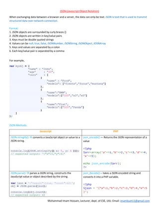 Mohammad Imam Hossain, Lecturer, dept. of CSE, UIU. Email: imambuet11@gmail.com
JSON (Javascript Object Notation)
When exchanging data between a browser and a server, the data can only be text. JSON is text that is used to transmit
structured data over network connection.
Format:
1. JSON objects are surrounded by curly braces {}
2. JSON objects are written in key/value pairs
3. Keys must be double quoted strings
4. Values can be null, true, false, JSONNumber, JSONString, JSONObject, JOSNArray
5. Keys and values are separated by a colon
6. Each key/value pair is separated by a comma
For example,
var myobj = {
“name” : ”John”,
“age” : “30”,
“cars” : [
{
“name” : ”Ford”,
“models”: [“fiesta”,”focus”,”mustang”]
},
{
“name”:”BMW”,
“models”:[“320”,”x3”,”x5”]
},
{
“name”:”Fiat”,
“models”:[“500”,”Panda”]
}
]
};
JSON Methods:
Javascript PHP
JSON.stringify()  converts a JavaScript object or value to a
JSON string.
console.log(JSON.stringify({ x: 5, y: 6 }));
// expected output: ‘{"x":5,"y":6}’
json_encode() — Returns the JSON representation of a
value
<?php
$arr=array('a'=>1,'b'=>2,'c'=>3,'d'=>4,
'e'=>5);
echo json_encode($arr);
?>
JSON.parse()  parses a JSON string, constructs the
JavaScript value or object described by the string.
var json = '{"result":true, "count":42}';
obj = JSON.parse(json);
console.log(obj.count);
// expected output: 42
json_decode() -- takes a JSON encoded string and
converts it into a PHP variable.
<?php
$json = '{"a":1,"b":2,"c":3,"d":4,"e":5
}';
 
