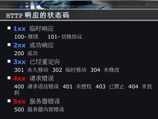 HTTP 响应的状态码
 1xx 临时响应
100- 继续 101- 切换协议
 2xx 成功响应
200 成功
 3xx 已经重定向
301 永久移动 302 临时移动 304 未修改
 4xx 请求错误
400 请求语法错误 401 未授权 403 已禁止 404 未找
到
 5xx 服务器错误
500 服务器内部错误
 