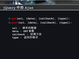 jQuery 中的 Ajax
$.get(url, [data], [callback], [type]);
url : 请求的链接
data : GET 参数
callback : 回调方法
type : 返回的格式
$.post(url, [data], [callback], [type]);
 