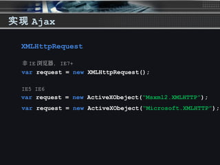 实现 Ajax
XMLHttpRequest
var request = new XMLHttpRequest();
var request = new ActiveXObeject(“Msxml2.XMLHTTP”);
var request = new ActiveXObeject(“Microsoft.XMLHTTP”);
非 IE 浏览器， IE7+
IE5 IE6
 
