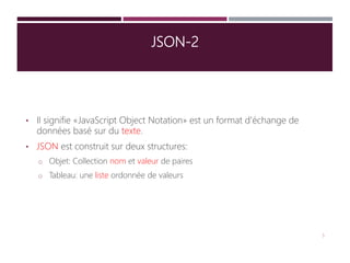 JSON-2
• Il signifie «JavaScript Object Notation» est un format d'échange de
données basé sur du texte.
• JSON est construit sur deux structures:
o Objet: Collection nom et valeur de paires
o Tableau: une liste ordonnée de valeurs
5
 