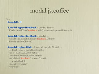 modal.js.coﬀee
$ ->
 $.modal ||= {}

 $.modal.appendFeedback = (modal, data) ->
  $('<div>').addClass('feedback hide').html(data).appendTo(modal)

 $.modal.replaceFeedback = (modal) ->
  modal.html(modal.children('.feedback').html())
  $.modal.enableChosen()

 $.modal.replaceTable = (table_id, modal = $(this)) ->
  feedback_table = modal.ﬁnd('.table')
  table = $(table_id).ﬁnd('.table')
  table.html(feedback_table.html())
  modal.ﬁnd('.feedback').remove().end()
     .modal('hide')
  table.eﬀect('shake')
  return true
 