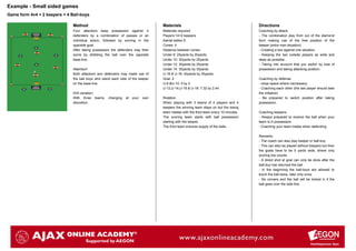 Example - Small sided games
Game form 4v4 + 2 keepers + 4 Ball-boys

                               Method                                             Materials                                            Directions
                               Four attackers keep possession against 4           Materials required:                                  Coaching by attack:
                               defenders by a combination of passes or an         Players:14+2 keepers                                 - The combination play from out of the diamond
                               individual action, followed by scoring in the      Aantal ballen:5                                      form making use of the free position of the
                               opposite goal.                                     Cones: 4                                             keeper.(extra man situation)
                               After taking possession the defenders may then     Distance between cones:                              - Creating a two against one situation.
                               score by dribbling the ball over the opposite      Under 8: 25yards by 20yards                          - Keeping the two outside players as wide and
                               base-line.                                         Under 10: 30yards by 25yards                         deep as possible. .
                                                                                  Under 12: 30yards by 25yards                         - Taking into account that you switch by loss of
                               Attention!                                         Under 14: 35yards by 30yards                         possession and taking attacking position.
                               Both attackers and defenders may make use of       U-16 & U-18: 40yards by 35yards
                               the ball boys who stand each side of the keeper    Goal: 2                                              Coaching by defense:
                               on the base-line.                                  U-8 &U-10: 5 by 2                                    - close space where neccessary.
                                                                                  U-12,U-14,U-16 & U-18: 7.32 by 2.44                  - Coaching each other (the last player should take
                               Drill variation:                                                                                        the initiative)
                               With three teams,     changing   at   your   own   Rotation:                                            - Be prepared to switch position after taking
                               discretion.                                        When playing with 3 teams of 4 players and 4         possession.
                                                                                  keepers the winning team stays on but the losing
                                                                                  team rotates with the third team every 10 minutes.   Coaching keepers:
                                                                                  The scoring team starts with ball possession         - Always prepared to receive the ball when your
                                                                                  starting with the keeper.                            team is in possession.
                                                                                  The third team ensures supply of the balls.          - Coaching your team-mates when defending

                                                                                                                                       Remarks:
                                                                                                                                       - The coach can also play keeper or ball-boy
                                                                                                                                       - This can also be played without keepers but then
                                                                                                                                       the goals have to be 5 yards wide, where only
                                                                                                                                       scoring low counts.
                                                                                                                                       - A direct shot at goal can only be done after the
                                                                                                                                       ball-boy has returned the ball.
                                                                                                                                       - In the beginning the ball-boys are allowed to
                                                                                                                                       touch the ball twice, later only once.
                                                                                                                                       - No corners and the ball will be kicked in if the
                                                                                                                                       ball goes over the side-line.
 