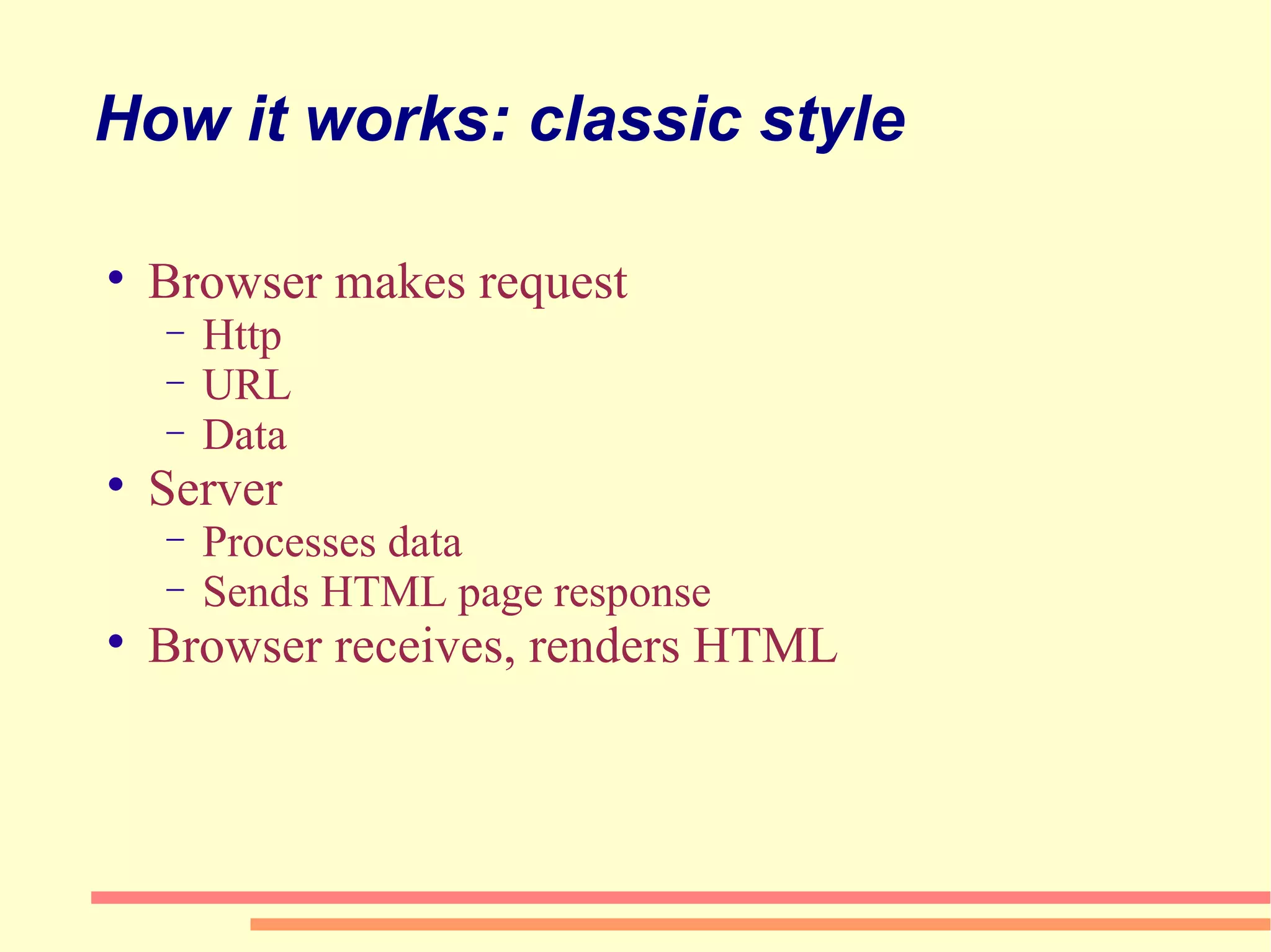 How it works: classic style Browser makes request Http URL Data Server Processes data Sends HTML page response Browser receives, renders HTML  