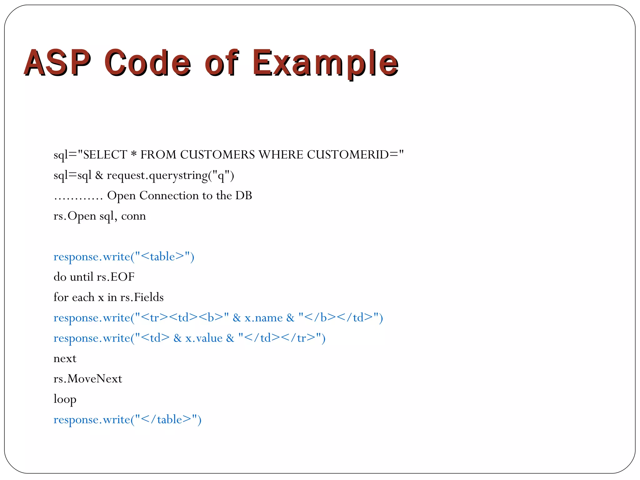 ASP Code of Example sql="SELECT * FROM CUSTOMERS WHERE CUSTOMERID=" sql=sql & request.querystring("q") ............ Open Connection to the DB rs.Open sql, conn response.write("<table>") do until rs.EOF for each x in rs.Fields response.write("<tr><td><b>" & x.name & "</b></td>") response.write("<td> & x.value & "</td></tr>") next rs.MoveNext loop response.write("</table>") 