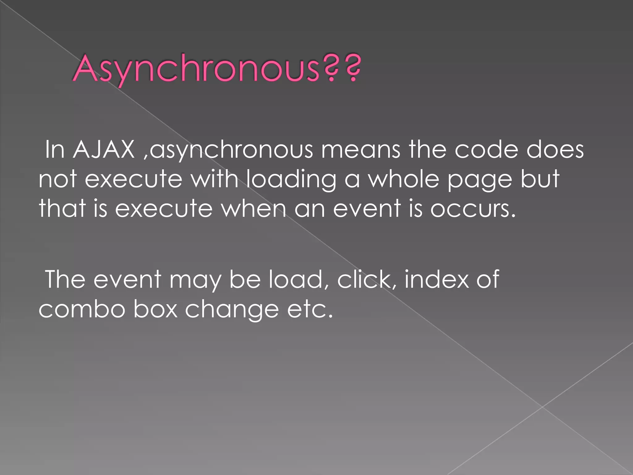 In AJAX ,asynchronous means the code does
not execute with loading a whole page but
that is execute when an event is occurs.

The event may be load, click, index of
combo box change etc.
 