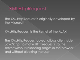 The XMLHttpRequest is originally developed by
the Microsoft

XMLHttpRequest is the kernel of the AJAX

The XMLHttpRequest object allows client-side
JavaScript to make HTTP requests to the
server without reloading pages in the browser
and without blocking the user
 