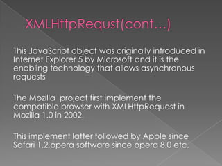 This JavaScript object was originally introduced in
Internet Explorer 5 by Microsoft and it is the
enabling technology that allows asynchronous
requests

The Mozilla project first implement the
compatible browser with XMLHttpRequest in
Mozilla 1.0 in 2002.

This implement latter followed by Apple since
Safari 1.2,opera software since opera 8.0 etc.
 