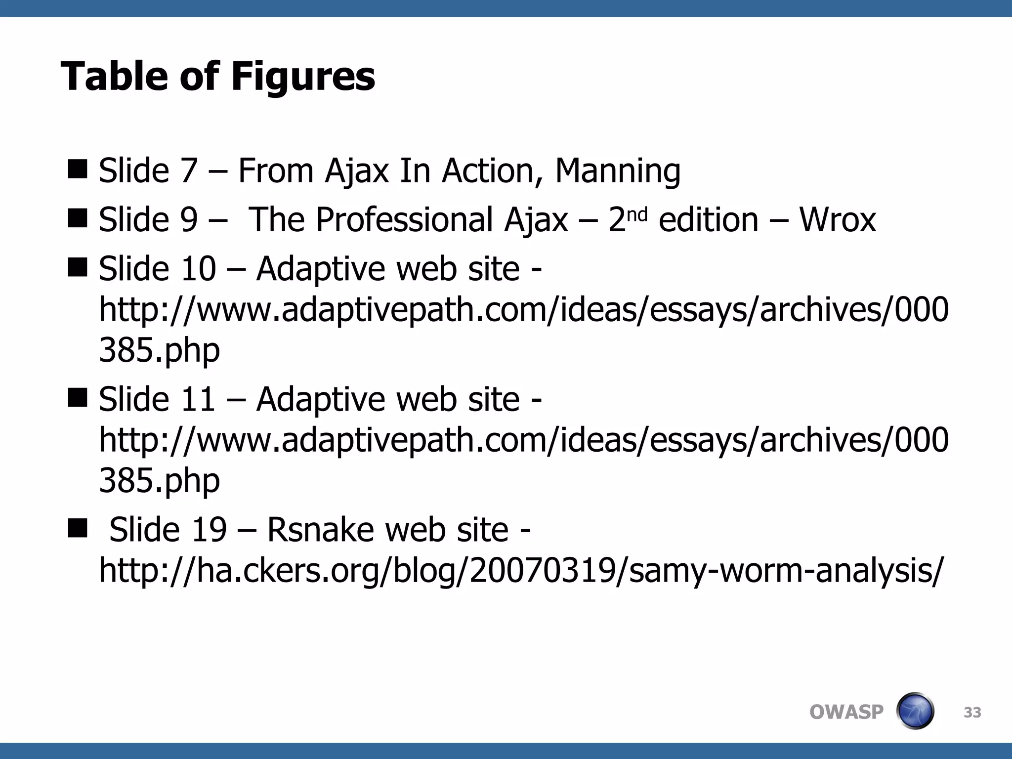 Table of Figures Slide 7 – From Ajax In Action, Manning Slide 9 –  The Professional Ajax – 2 nd  edition – Wrox Slide 10 – Adaptive web site - http://www.adaptivepath.com/ideas/essays/archives/000385.php Slide 11 – Adaptive web site - http://www.adaptivepath.com/ideas/essays/archives/000385.php Slide 19 – Rsnake web site - http://ha.ckers.org/blog/20070319/samy-worm-analysis/ 