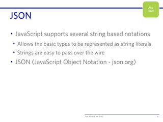 The World of Ajax
JSON
• JavaScript supports several string based notations
• Allows the basic types to be represented as string literals
• Strings are easy to pass over the wire
• JSON (JavaScript Object Notation - json.org)
21
Ajax
XHR
 