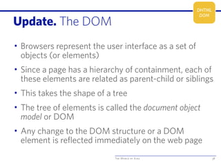 The World of Ajax
Update. The DOM
• Browsers represent the user interface as a set of
objects (or elements)
• Since a page has a hierarchy of containment, each of
these elements are related as parent-child or siblings
• This takes the shape of a tree
• The tree of elements is called the document object
model or DOM
• Any change to the DOM structure or a DOM
element is reflected immediately on the web page
38
DHTML
DOM
 