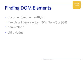 The World of Ajax
Finding DOM Elements
• document.getElementById
• Prototype library shortcut: $(“idName”) or $(id)
• parentNode
• childNodes
41
DHTML
DOM
 