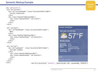 The World of Ajax
Semantic Markup Example
45
<div id="weather">
<div id="current">
<div id="currentHeader" class="accordionTabTitleBar">
Current Conditions
</div>
<div class="weatherTabContentBox">
<div class="weatherPanel" id="ccInfo">
</div>
</div>
</div>
<div id="moon">
<div id="moonHeader" class="accordionTabTitleBar">
Moon
</div>
<div class="weatherTabContentBox">
<div class="weatherPanel" id="moonInfo">
</div>
</div>
</div>
<div id="sun">
<div id="sunHeader" class="accordionTabTitleBar">
Sunlight Summary
</div>
<div class="weatherTabContentBox">
<div class="weatherPanel" id="sunInfo">
</div>
</div>
</div>
</div> new Rico.Accordion( 'weather', {panelHeight:220, expandedBg:'#39497b'}
DHTML
DOM
 