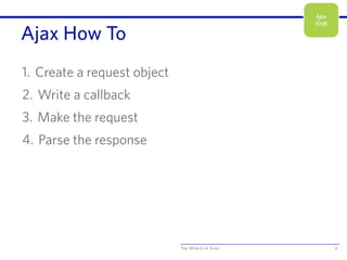 The World of Ajax
Ajax How To
1. Create a request object
2. Write a callback
3. Make the request
4. Parse the response
6
Ajax
XHR
 