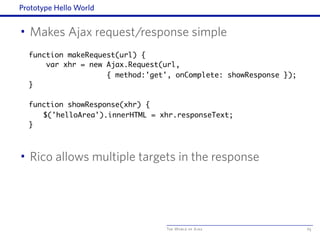 The World of Ajax
Prototype Hello World
• Makes Ajax request/response simple
• Rico allows multiple targets in the response
65
function makeRequest(url) {
var xhr = new Ajax.Request(url,
{ method:'get', onComplete: showResponse });
}
function showResponse(xhr) {

 $('helloArea').innerHTML = xhr.responseText;
}
 