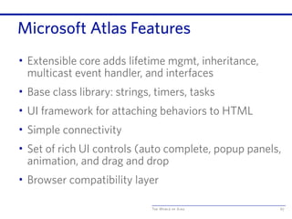 The World of Ajax
Microsoft Atlas Features
• Extensible core adds lifetime mgmt, inheritance,
multicast event handler, and interfaces
• Base class library: strings, timers, tasks
• UI framework for attaching behaviors to HTML
• Simple connectivity
• Set of rich UI controls (auto complete, popup panels,
animation, and drag and drop
• Browser compatibility layer
67
 