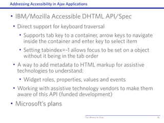 The World of Ajax
Addressing Accessibility in Ajax Applications
• IBM/Mozilla Accessible DHTML API/Spec
• Direct support for keyboard traversal
• Supports tab key to a container, arrow keys to navigate
inside the container and enter key to select item
• Setting tabindex=-1 allows focus to be set on a object
without it being in the tab order
• A way to add metadata to HTML markup for assistive
technologies to understand:
• Widget roles, properties, values and events
• Working with assistive technology vendors to make them
aware of this API (funded development)
• Microsoft’s plans
82
 