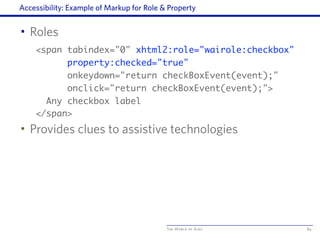 The World of Ajax
Accessibility: Example of Markup for Role & Property
• Roles
<span tabindex="0" xhtml2:role="wairole:checkbox"
property:checked="true"
onkeydown="return checkBoxEvent(event);"
onclick="return checkBoxEvent(event);">
Any checkbox label
</span>
• Provides clues to assistive technologies
84
 