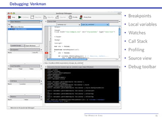 The World of Ajax
Debugging: Venkman
95
• Breakpoints
• Local variables
• Watches
• Call Stack
• Profiling
• Source view
• Debug toolbar
 