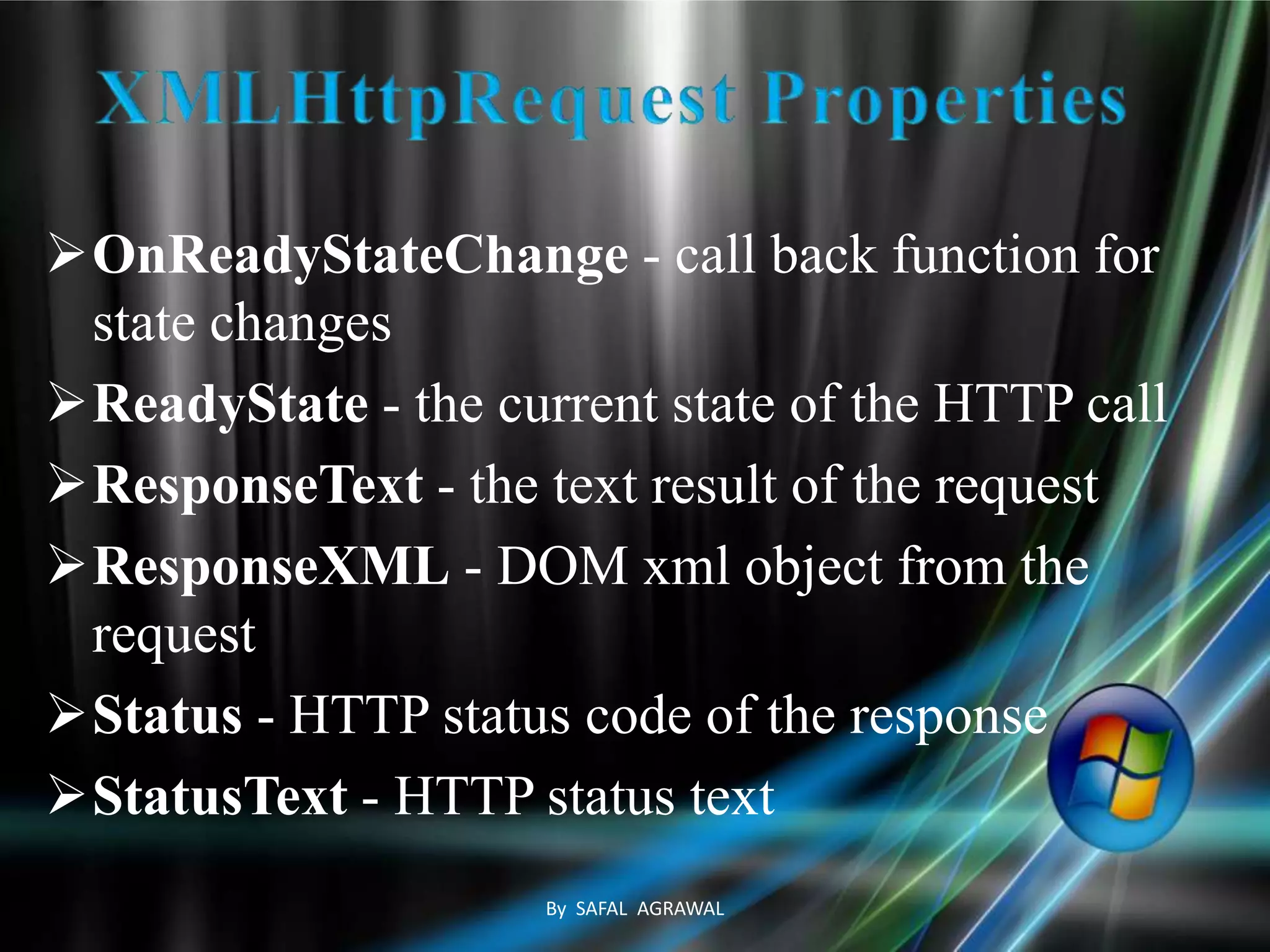 OnReadyStateChange - call back function for
state changes
ReadyState - the current state of the HTTP call
ResponseText - the text result of the request
ResponseXML - DOM xml object from the
request
Status - HTTP status code of the response
StatusText - HTTP status text
By SAFAL AGRAWAL
 