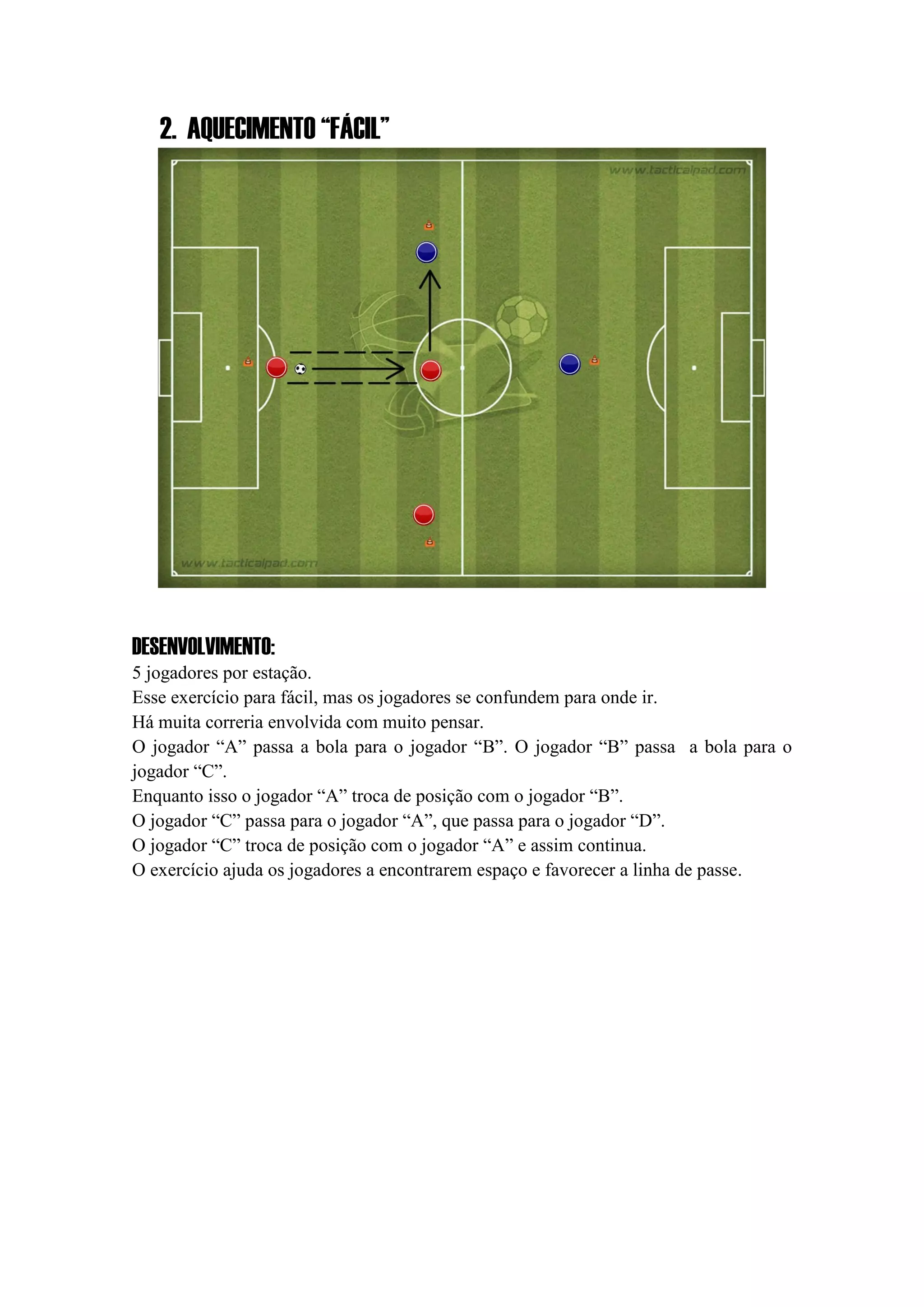 2. AQUECIMENTO “FÁCIL”
DESENVOLVIMENTO:
5 jogadores por estação.
Esse exercício para fácil, mas os jogadores se confundem para onde ir.
Há muita correria envolvida com muito pensar.
O jogador “A” passa a bola para o jogador “B”. O jogador “B” passa a bola para o
jogador “C”.
Enquanto isso o jogador “A” troca de posição com o jogador “B”.
O jogador “C” passa para o jogador “A”, que passa para o jogador “D”.
O jogador “C” troca de posição com o jogador “A” e assim continua.
O exercício ajuda os jogadores a encontrarem espaço e favorecer a linha de passe.
 