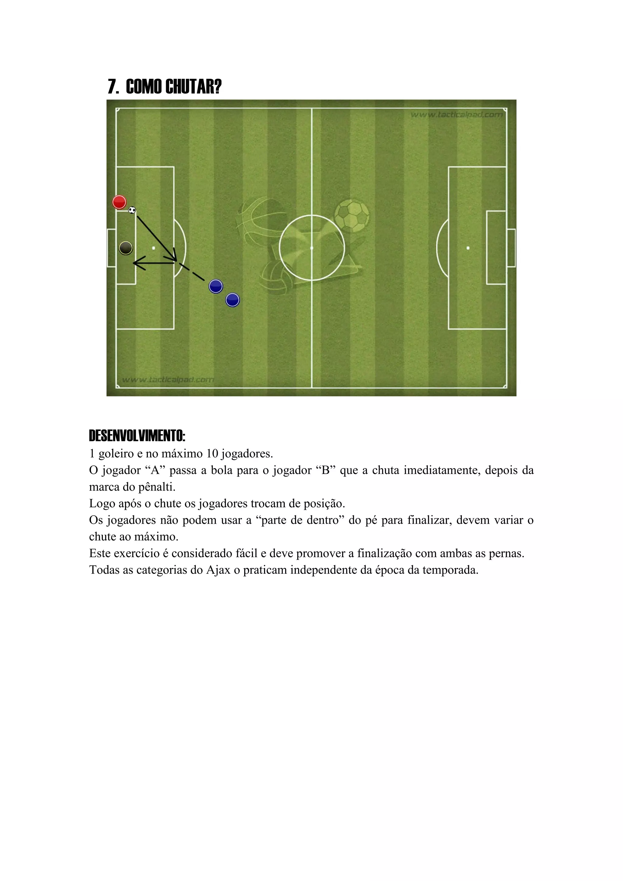 7. COMO CHUTAR?
DESENVOLVIMENTO:
1 goleiro e no máximo 10 jogadores.
O jogador “A” passa a bola para o jogador “B” que a chuta imediatamente, depois da
marca do pênalti.
Logo após o chute os jogadores trocam de posição.
Os jogadores não podem usar a “parte de dentro” do pé para finalizar, devem variar o
chute ao máximo.
Este exercício é considerado fácil e deve promover a finalização com ambas as pernas.
Todas as categorias do Ajax o praticam independente da época da temporada.
 