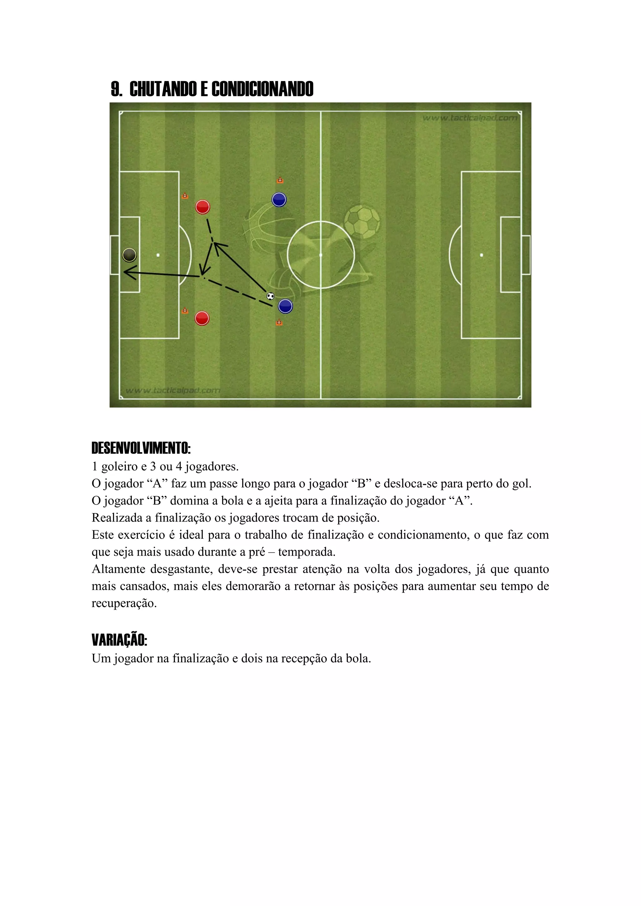 9. CHUTANDO E CONDICIONANDO
DESENVOLVIMENTO:
1 goleiro e 3 ou 4 jogadores.
O jogador “A” faz um passe longo para o jogador “B” e desloca-se para perto do gol.
O jogador “B” domina a bola e a ajeita para a finalização do jogador “A”.
Realizada a finalização os jogadores trocam de posição.
Este exercício é ideal para o trabalho de finalização e condicionamento, o que faz com
que seja mais usado durante a pré – temporada.
Altamente desgastante, deve-se prestar atenção na volta dos jogadores, já que quanto
mais cansados, mais eles demorarão a retornar às posições para aumentar seu tempo de
recuperação.
VARIAÇÃO:
Um jogador na finalização e dois na recepção da bola.
 
