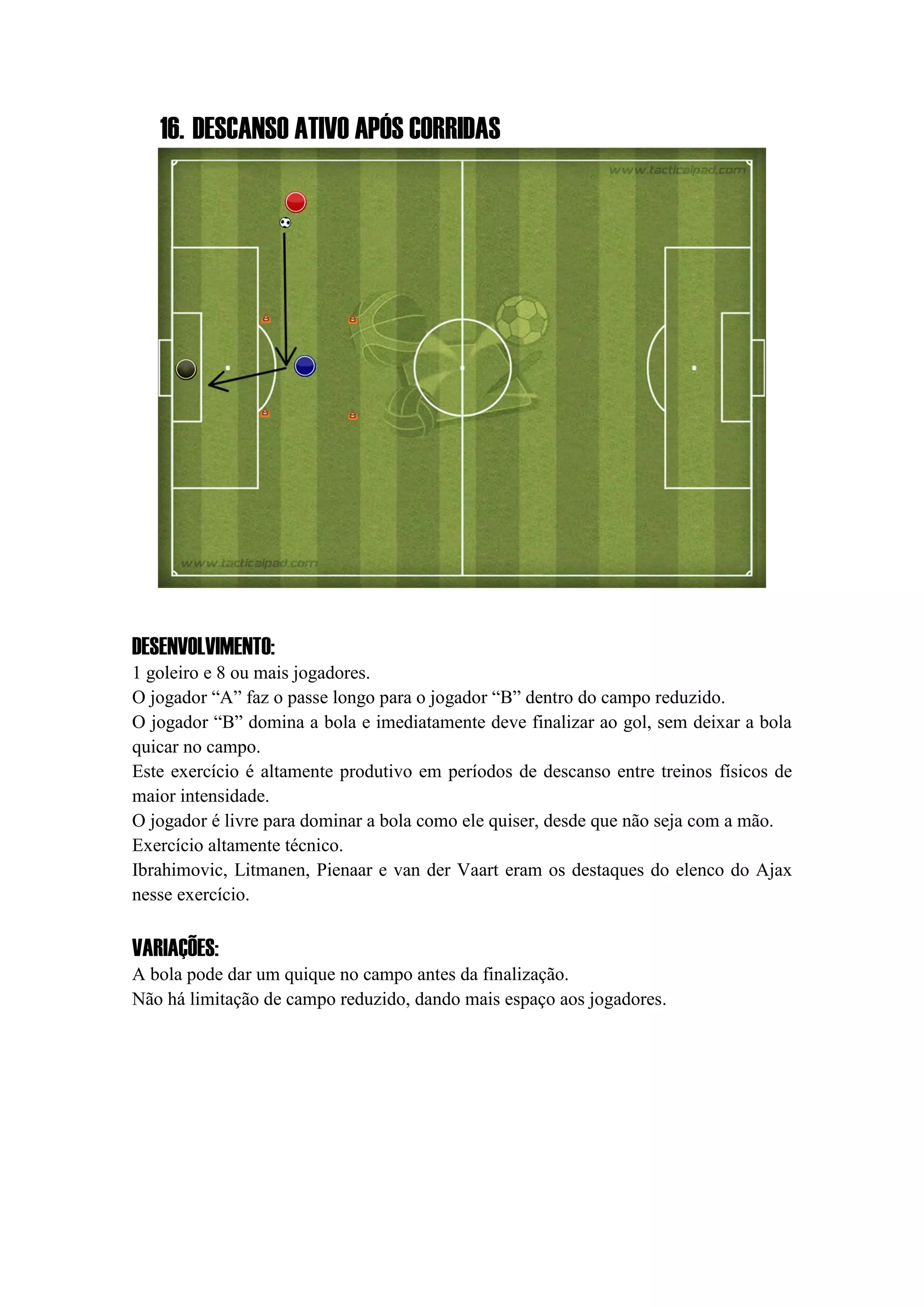 16. DESCANSO ATIVO APÓS CORRIDAS
DESENVOLVIMENTO:
1 goleiro e 8 ou mais jogadores.
O jogador “A” faz o passe longo para o jogador “B” dentro do campo reduzido.
O jogador “B” domina a bola e imediatamente deve finalizar ao gol, sem deixar a bola
quicar no campo.
Este exercício é altamente produtivo em períodos de descanso entre treinos físicos de
maior intensidade.
O jogador é livre para dominar a bola como ele quiser, desde que não seja com a mão.
Exercício altamente técnico.
Ibrahimovic, Litmanen, Pienaar e van der Vaart eram os destaques do elenco do Ajax
nesse exercício.
VARIAÇÕES:
A bola pode dar um quique no campo antes da finalização.
Não há limitação de campo reduzido, dando mais espaço aos jogadores.
 