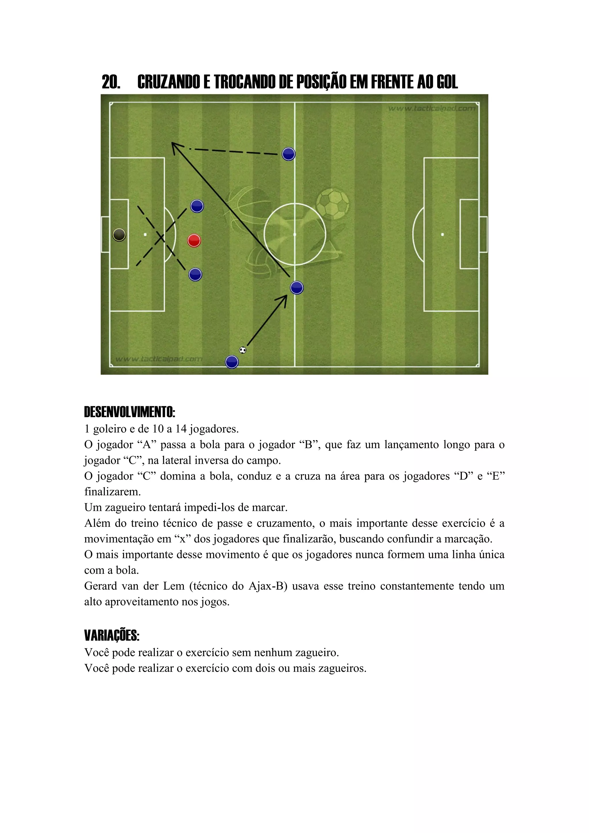 20. CRUZANDO E TROCANDO DE POSIÇÃO EM FRENTE AO GOL
DESENVOLVIMENTO:
1 goleiro e de 10 a 14 jogadores.
O jogador “A” passa a bola para o jogador “B”, que faz um lançamento longo para o
jogador “C”, na lateral inversa do campo.
O jogador “C” domina a bola, conduz e a cruza na área para os jogadores “D” e “E”
finalizarem.
Um zagueiro tentará impedi-los de marcar.
Além do treino técnico de passe e cruzamento, o mais importante desse exercício é a
movimentação em “x” dos jogadores que finalizarão, buscando confundir a marcação.
O mais importante desse movimento é que os jogadores nunca formem uma linha única
com a bola.
Gerard van der Lem (técnico do Ajax-B) usava esse treino constantemente tendo um
alto aproveitamento nos jogos.
VARIAÇÕES:
Você pode realizar o exercício sem nenhum zagueiro.
Você pode realizar o exercício com dois ou mais zagueiros.
 