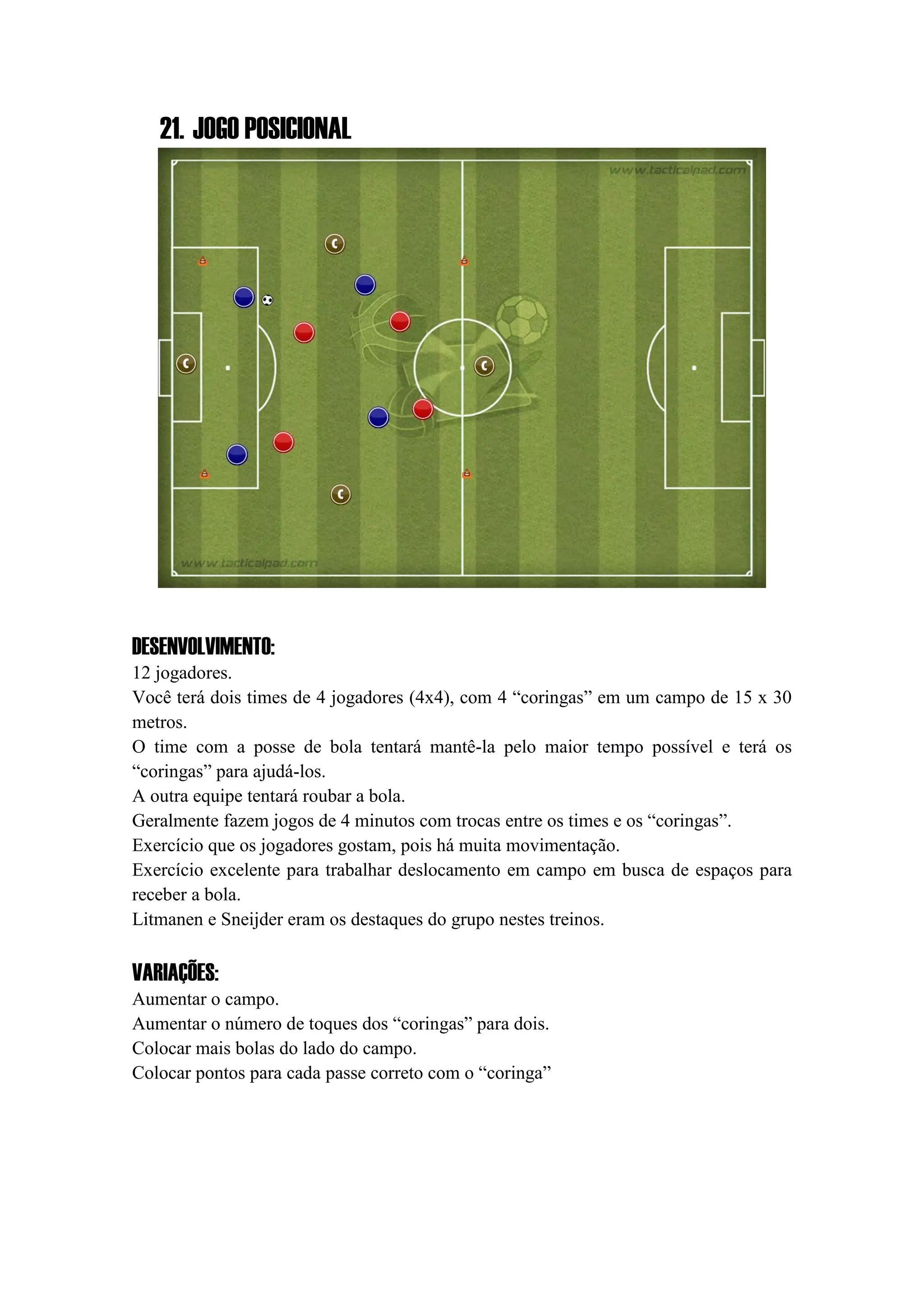 21. JOGO POSICIONAL
DESENVOLVIMENTO:
12 jogadores.
Você terá dois times de 4 jogadores (4x4), com 4 “coringas” em um campo de 15 x 30
metros.
O time com a posse de bola tentará mantê-la pelo maior tempo possível e terá os
“coringas” para ajudá-los.
A outra equipe tentará roubar a bola.
Geralmente fazem jogos de 4 minutos com trocas entre os times e os “coringas”.
Exercício que os jogadores gostam, pois há muita movimentação.
Exercício excelente para trabalhar deslocamento em campo em busca de espaços para
receber a bola.
Litmanen e Sneijder eram os destaques do grupo nestes treinos.
VARIAÇÕES:
Aumentar o campo.
Aumentar o número de toques dos “coringas” para dois.
Colocar mais bolas do lado do campo.
Colocar pontos para cada passe correto com o “coringa”
 