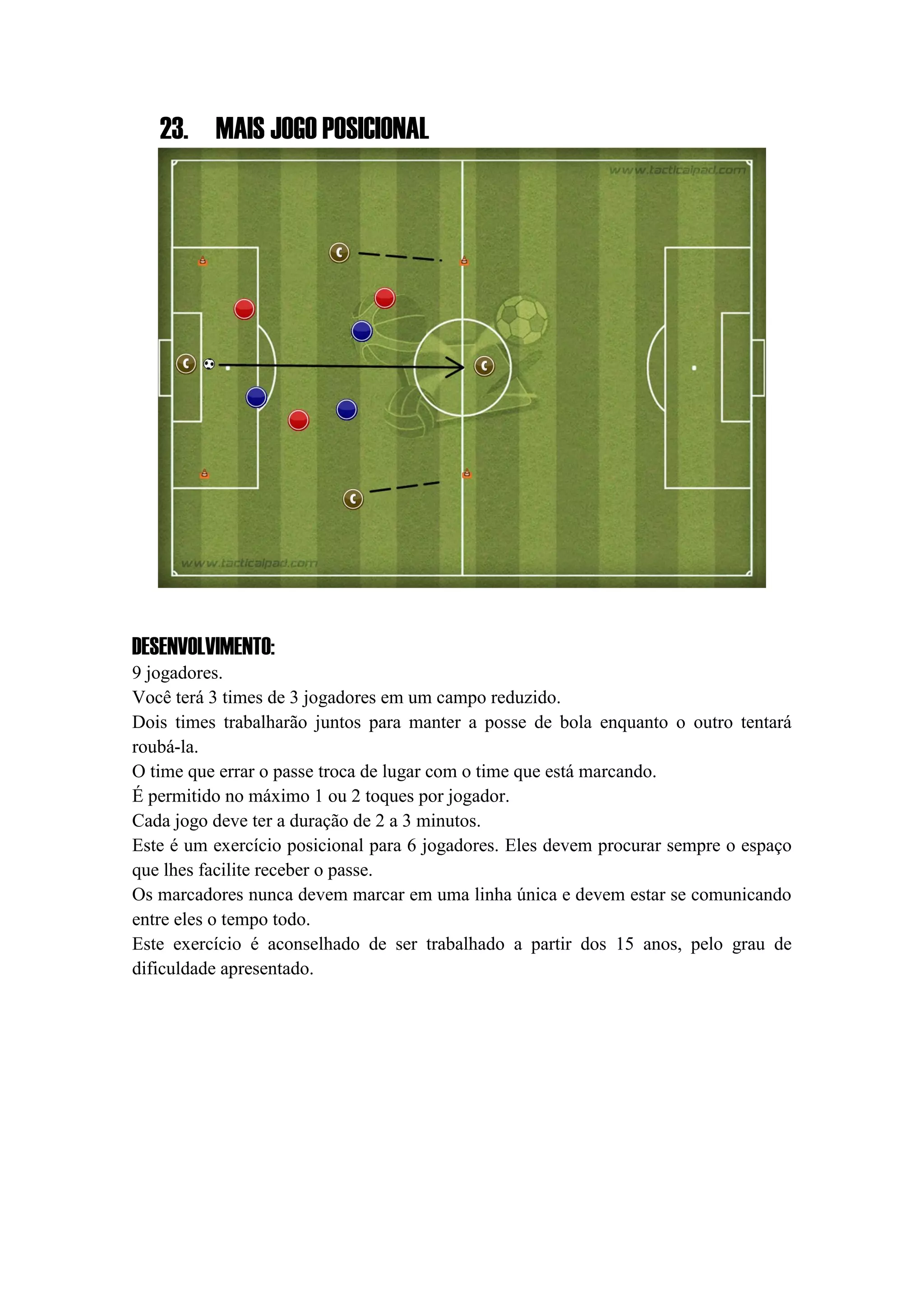 23. MAIS JOGO POSICIONAL
DESENVOLVIMENTO:
9 jogadores.
Você terá 3 times de 3 jogadores em um campo reduzido.
Dois times trabalharão juntos para manter a posse de bola enquanto o outro tentará
roubá-la.
O time que errar o passe troca de lugar com o time que está marcando.
É permitido no máximo 1 ou 2 toques por jogador.
Cada jogo deve ter a duração de 2 a 3 minutos.
Este é um exercício posicional para 6 jogadores. Eles devem procurar sempre o espaço
que lhes facilite receber o passe.
Os marcadores nunca devem marcar em uma linha única e devem estar se comunicando
entre eles o tempo todo.
Este exercício é aconselhado de ser trabalhado a partir dos 15 anos, pelo grau de
dificuldade apresentado.
 