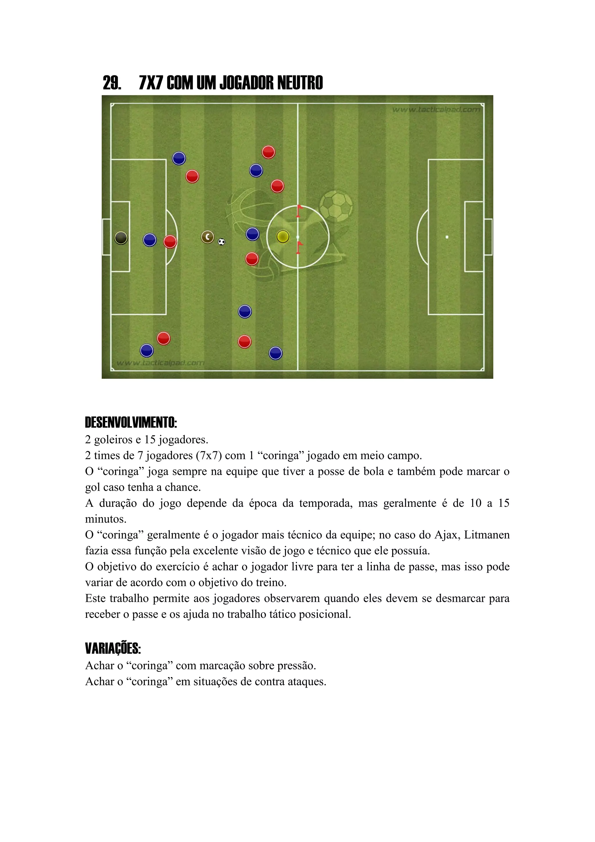 29. 7X7 COM UM JOGADOR NEUTRO
DESENVOLVIMENTO:
2 goleiros e 15 jogadores.
2 times de 7 jogadores (7x7) com 1 “coringa” jogado em meio campo.
O “coringa” joga sempre na equipe que tiver a posse de bola e também pode marcar o
gol caso tenha a chance.
A duração do jogo depende da época da temporada, mas geralmente é de 10 a 15
minutos.
O “coringa” geralmente é o jogador mais técnico da equipe; no caso do Ajax, Litmanen
fazia essa função pela excelente visão de jogo e técnico que ele possuía.
O objetivo do exercício é achar o jogador livre para ter a linha de passe, mas isso pode
variar de acordo com o objetivo do treino.
Este trabalho permite aos jogadores observarem quando eles devem se desmarcar para
receber o passe e os ajuda no trabalho tático posicional.
VARIAÇÕES:
Achar o “coringa” com marcação sobre pressão.
Achar o “coringa” em situações de contra ataques.
 